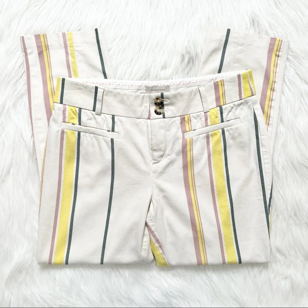 SOLD-Anthropologie Pastel Striped Cream Cropped Straight Trouser Pants - Picture 2 of 9
